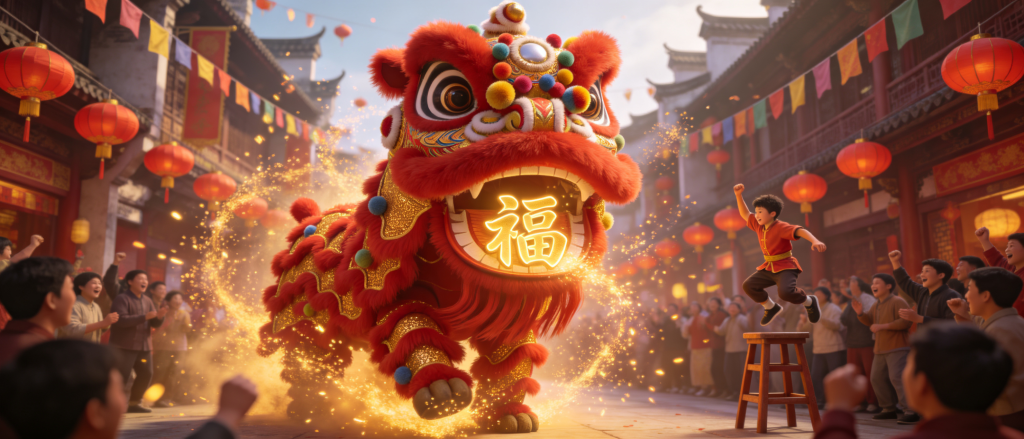 2027羊年舞狮子贺新年插画
