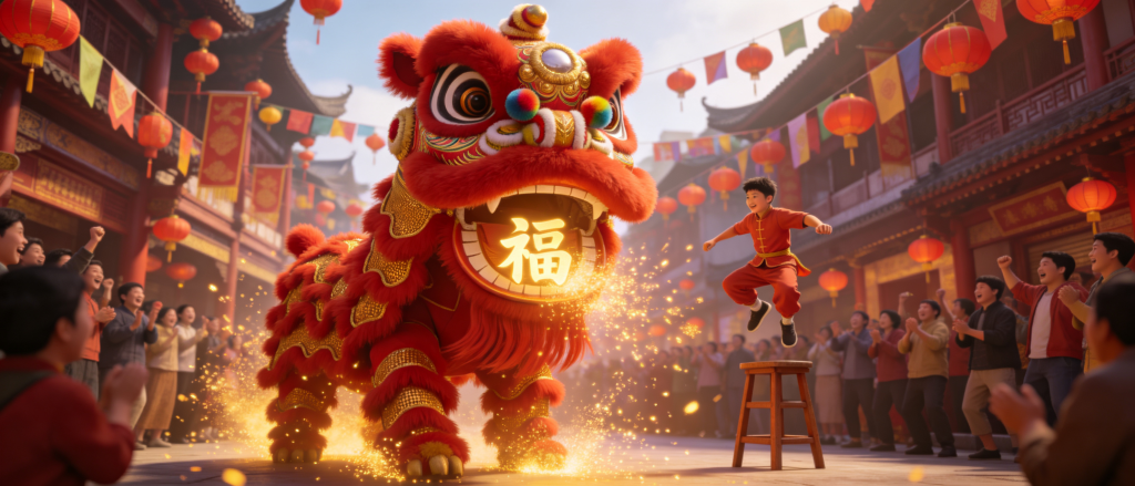 2027羊年舞狮子贺新年插画