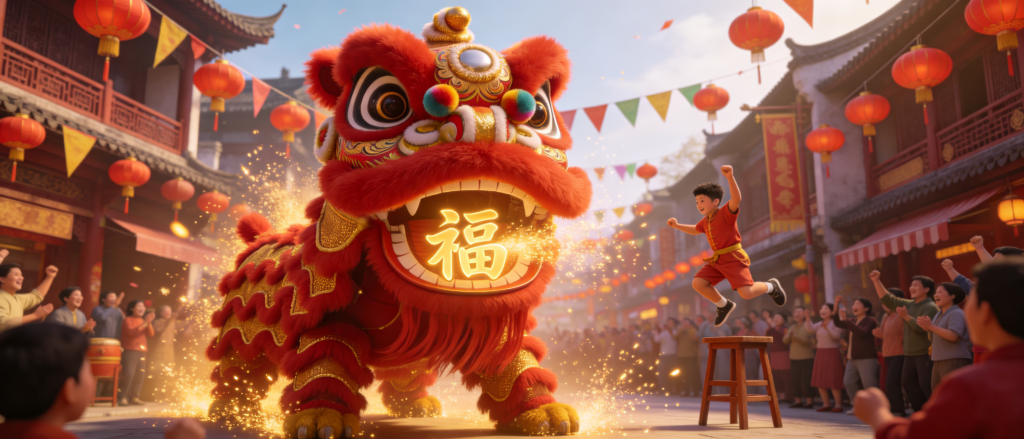 2027羊年舞狮子贺新年插画