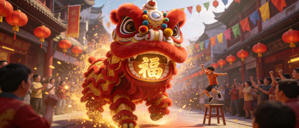 2027羊年舞狮子贺新年插画