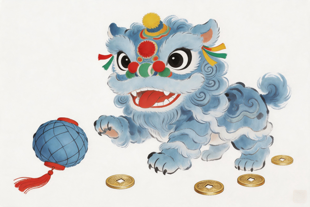 蓝色醒狮水墨画插画
