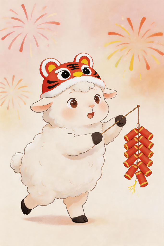 爆竹鞭炮可爱小羊卡通羊年插画