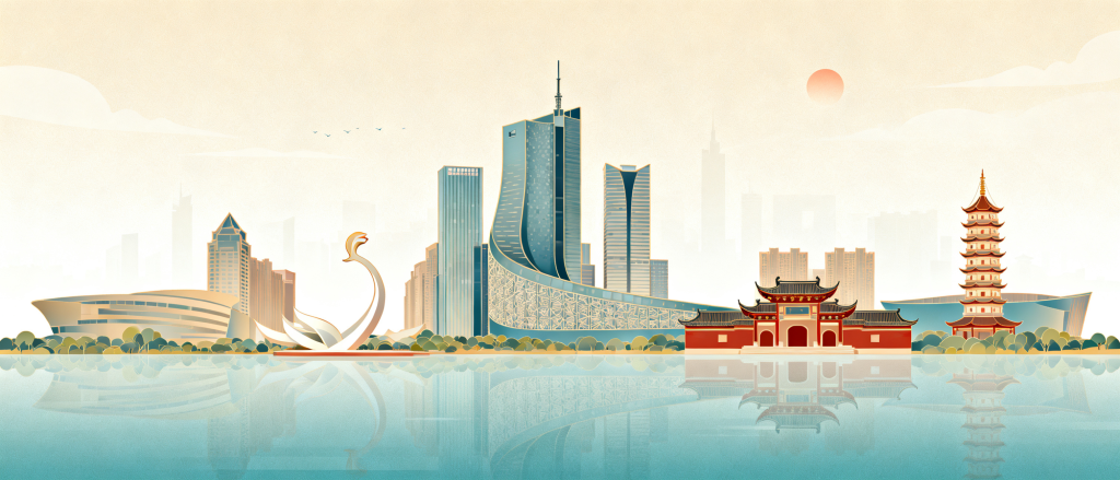 合肥地标建筑手绘插画