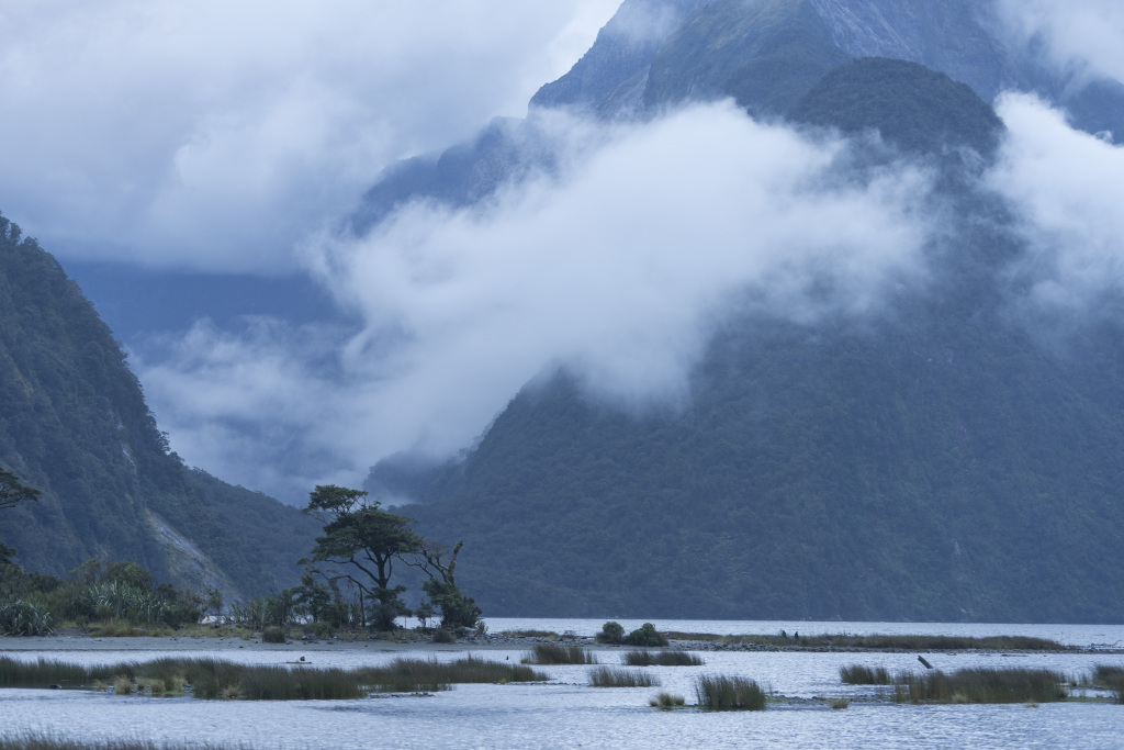 迷雾湖泊山水风景画图片