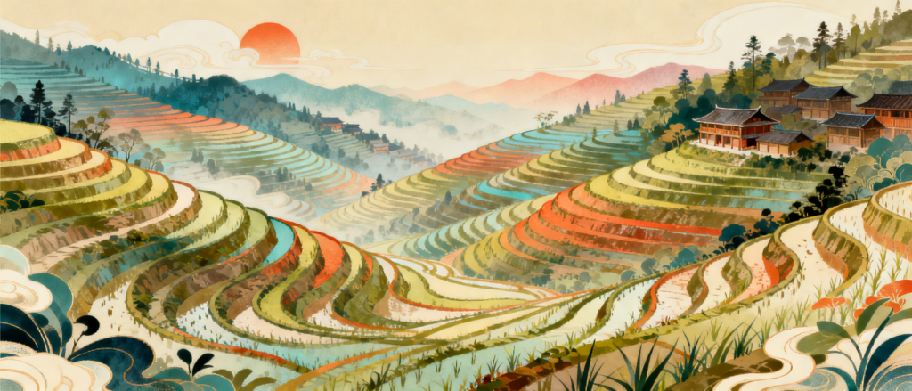 广西龙脊梯田插画