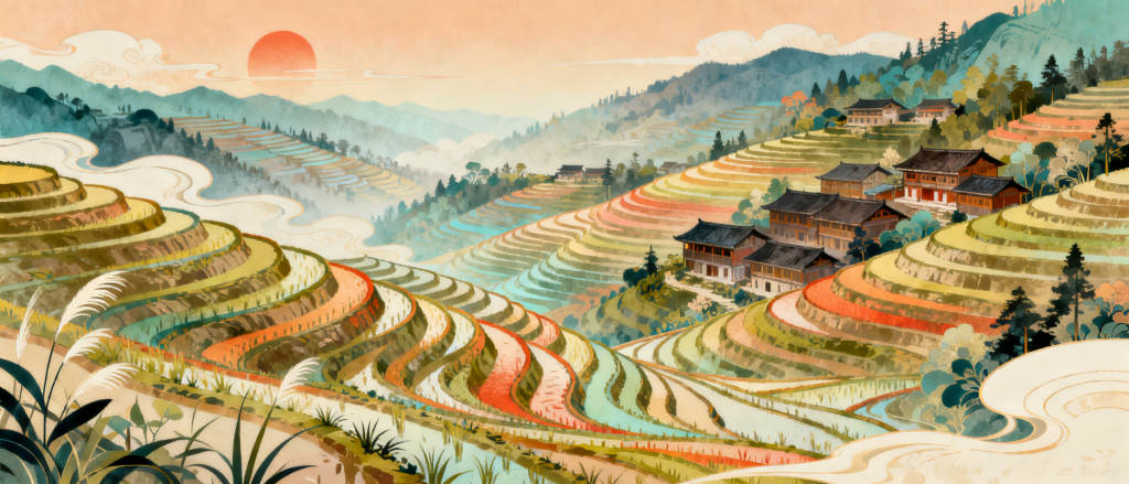 广西龙脊梯田插画