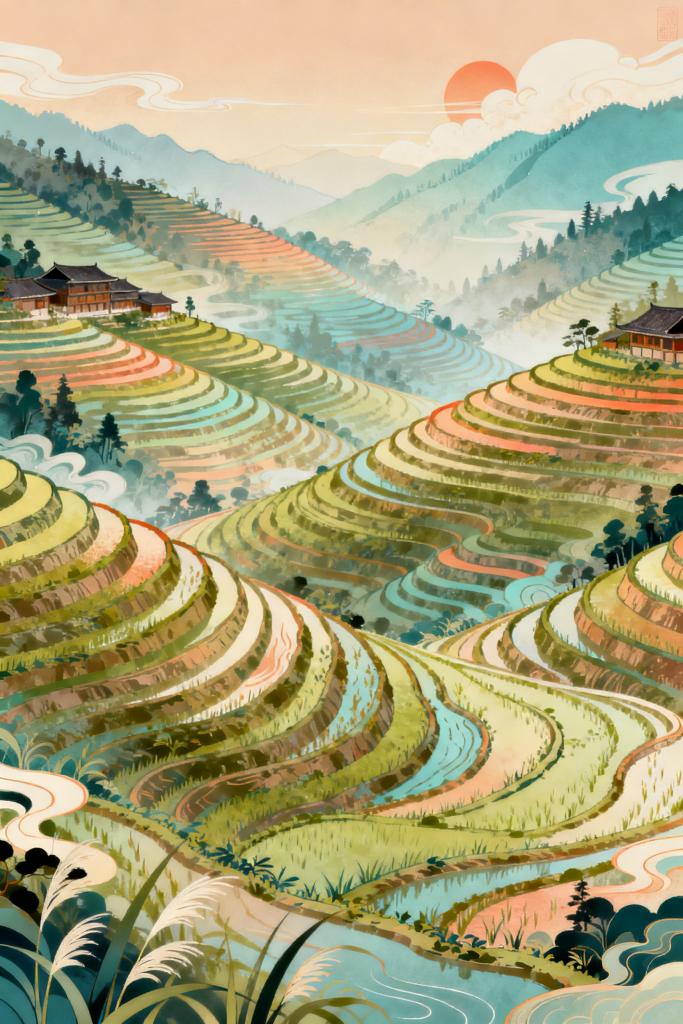 广西龙脊梯田插画