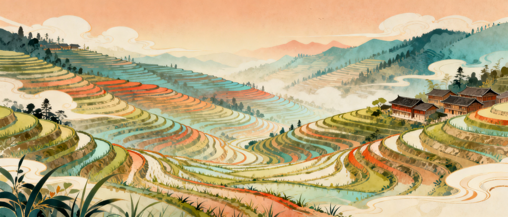 广西桂林龙脊梯田手绘插画