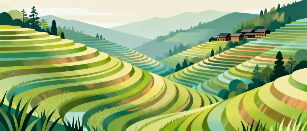 广西桂林龙脊梯田手绘插画