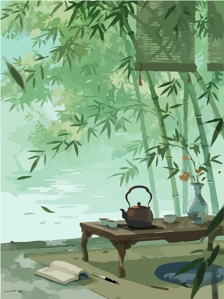 中式宁静唯美的竹林深处书香茶文化治愈插画