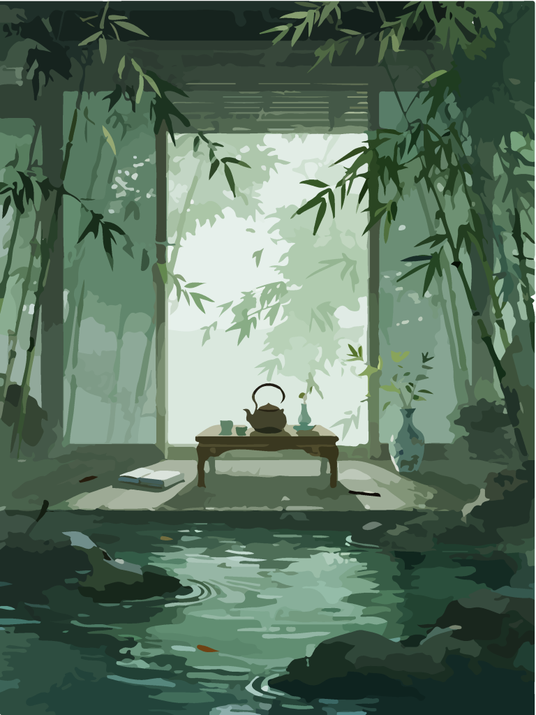 中式宁静唯美的竹林深处书香茶文化治愈插画