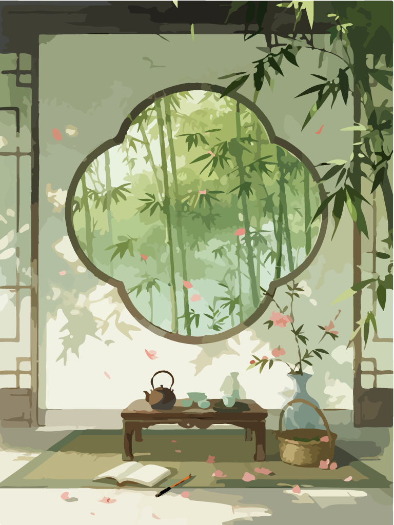 中式宁静唯美的竹林深处书香茶文化治愈插画