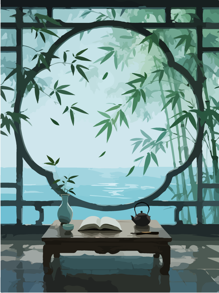 中国风宁静唯美竹林茶文化书香意境治愈插画