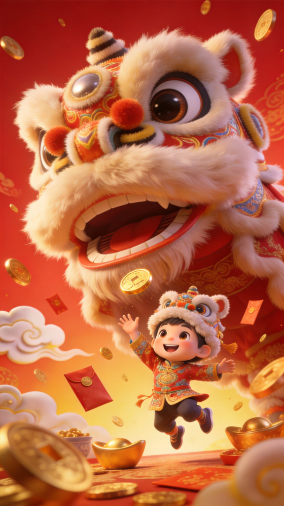 2027羊年新年舞狮子插画