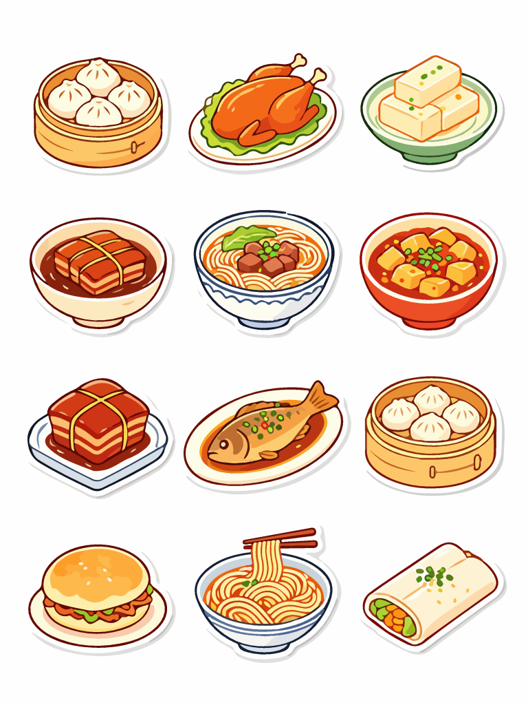 东坡肉面条烤鸡包子传统美食主题贴纸插画