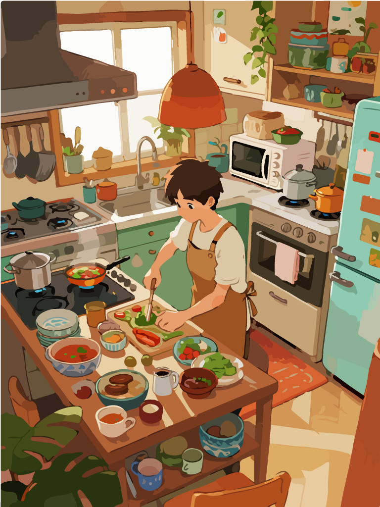 男孩在厨房烹饪美食卡通插画