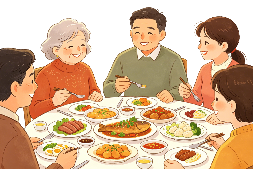 卡通聚餐年夜饭场景插画素材