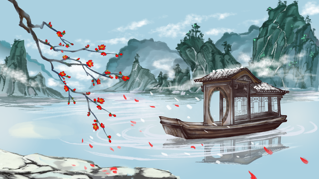 水彩花卉风景画中式插画