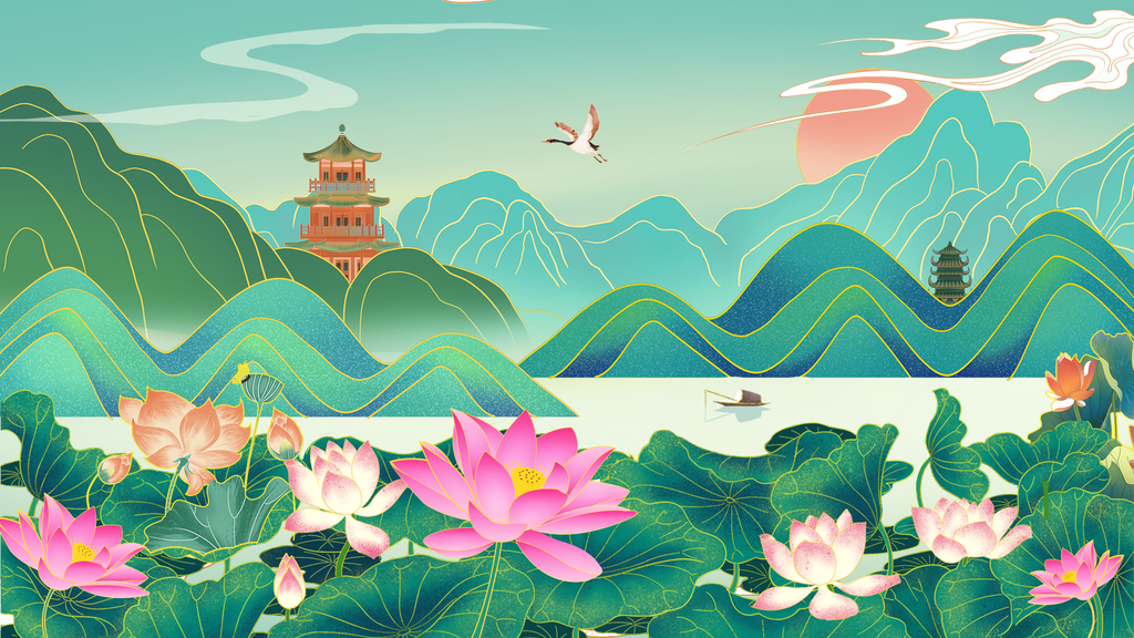 水彩花卉风景画中式插画