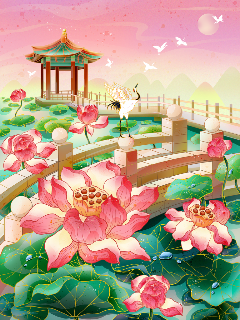 水彩花卉风景画中式插画