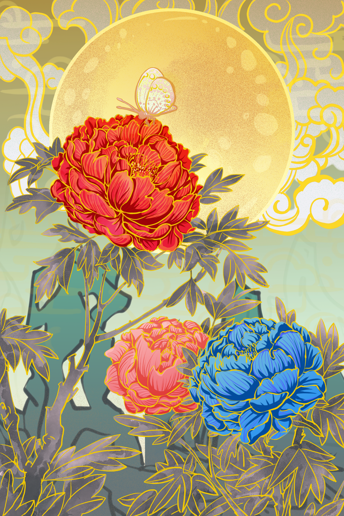 牡丹花中国风国潮花卉花朵插画