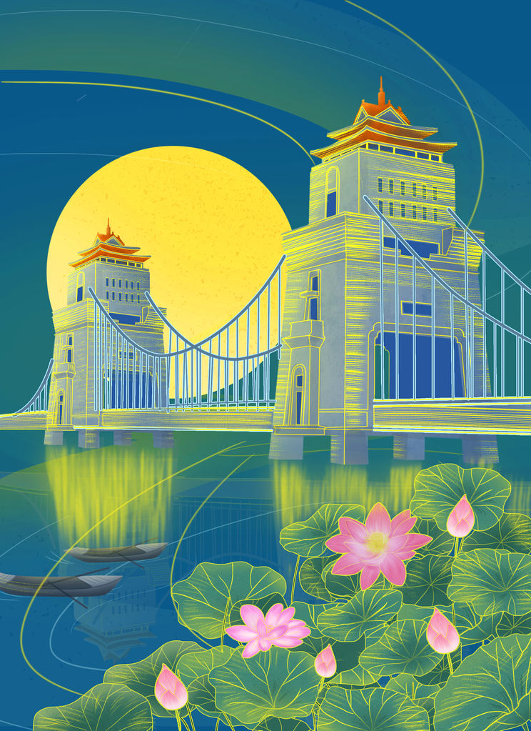 荷花风景画插画