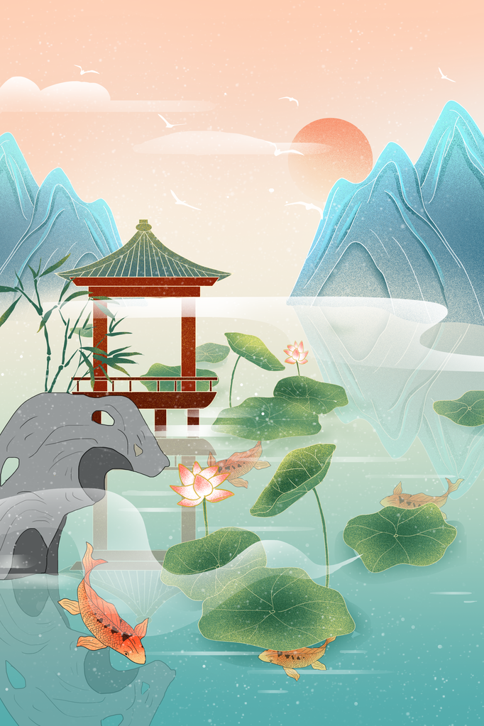 荷花风景画插画