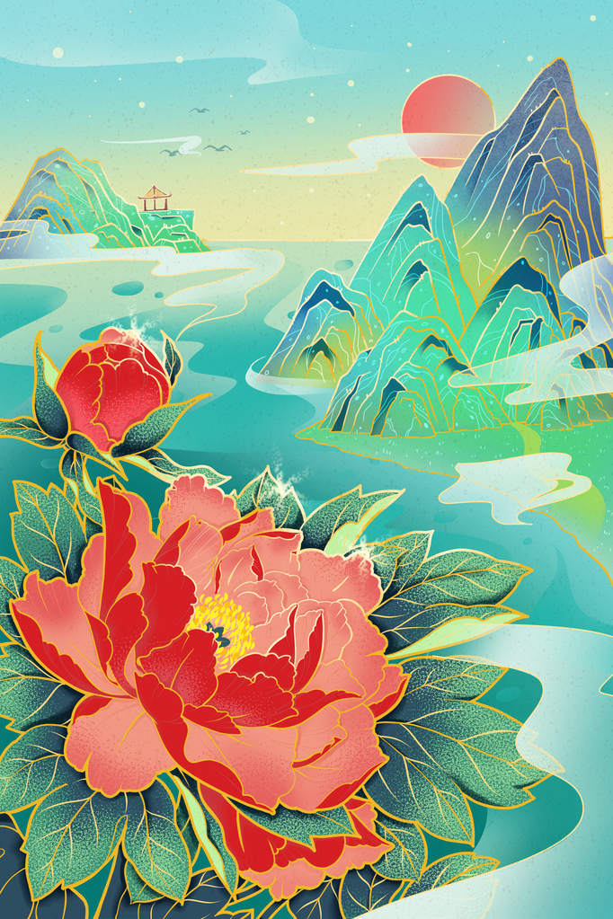 牡丹花中国风国潮花卉花朵插画
