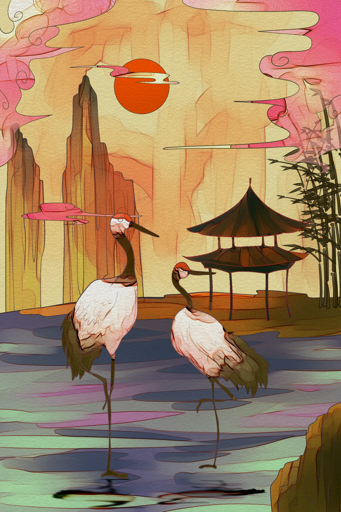 仙鹤国潮风景画插画