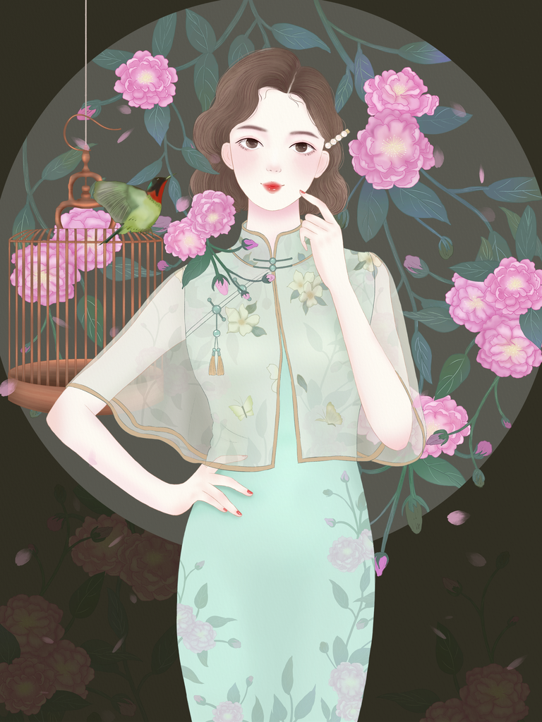 民国风旗袍女插画