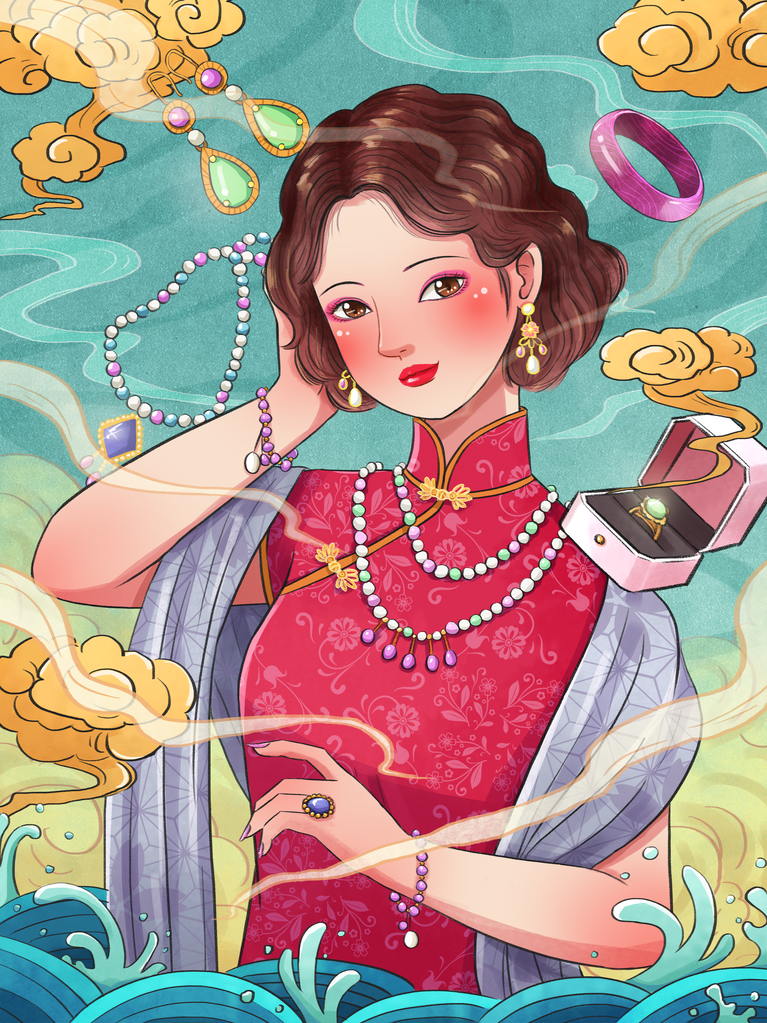 民国风旗袍女插画