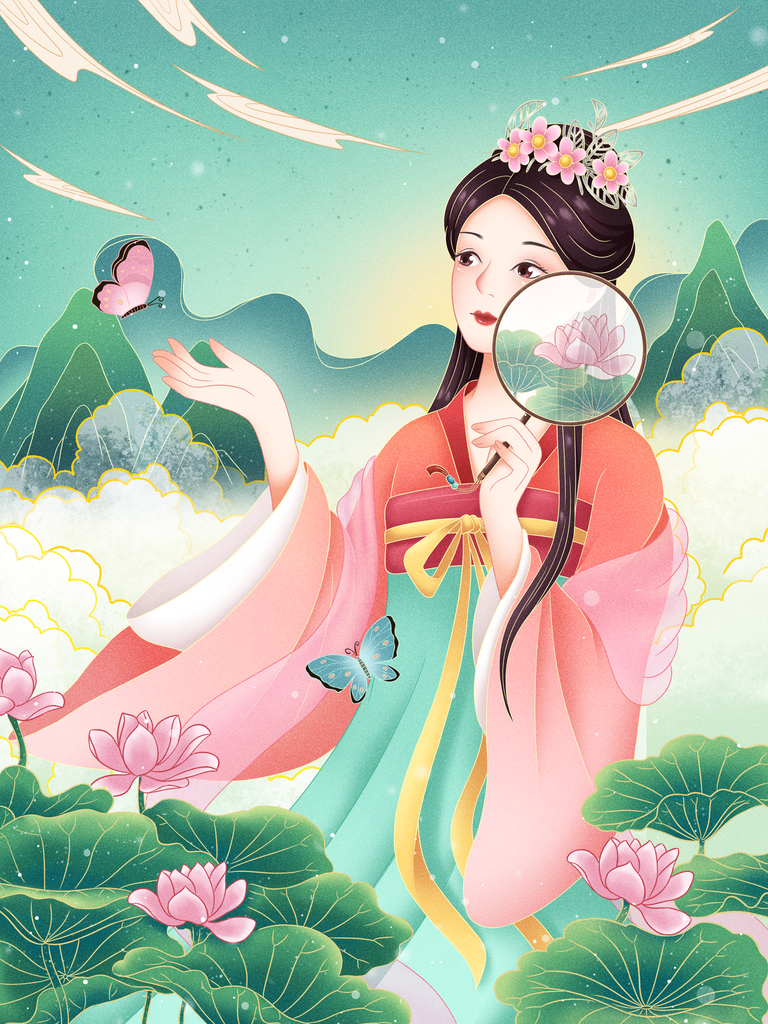 古代美女手绘插画素材