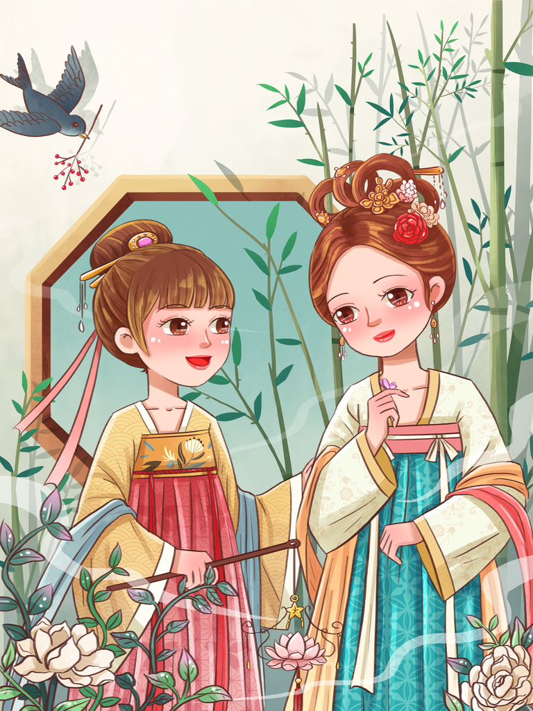 古代美女手绘插画素材