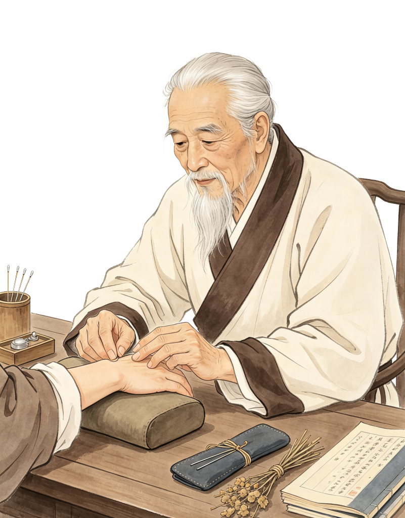 中医文化古风老中医把脉看病人物插画