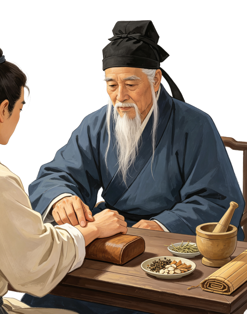 中医文化古风老中医把脉看病人物插画