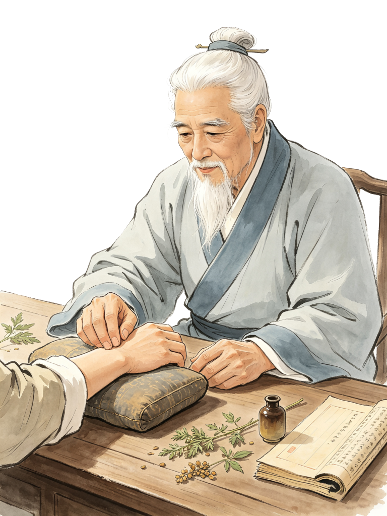中医文化古风老中医把脉看病人物插画