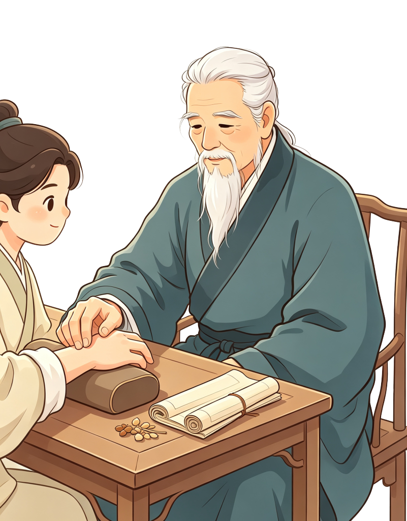 中医文化古风老中医把脉看病人物插画