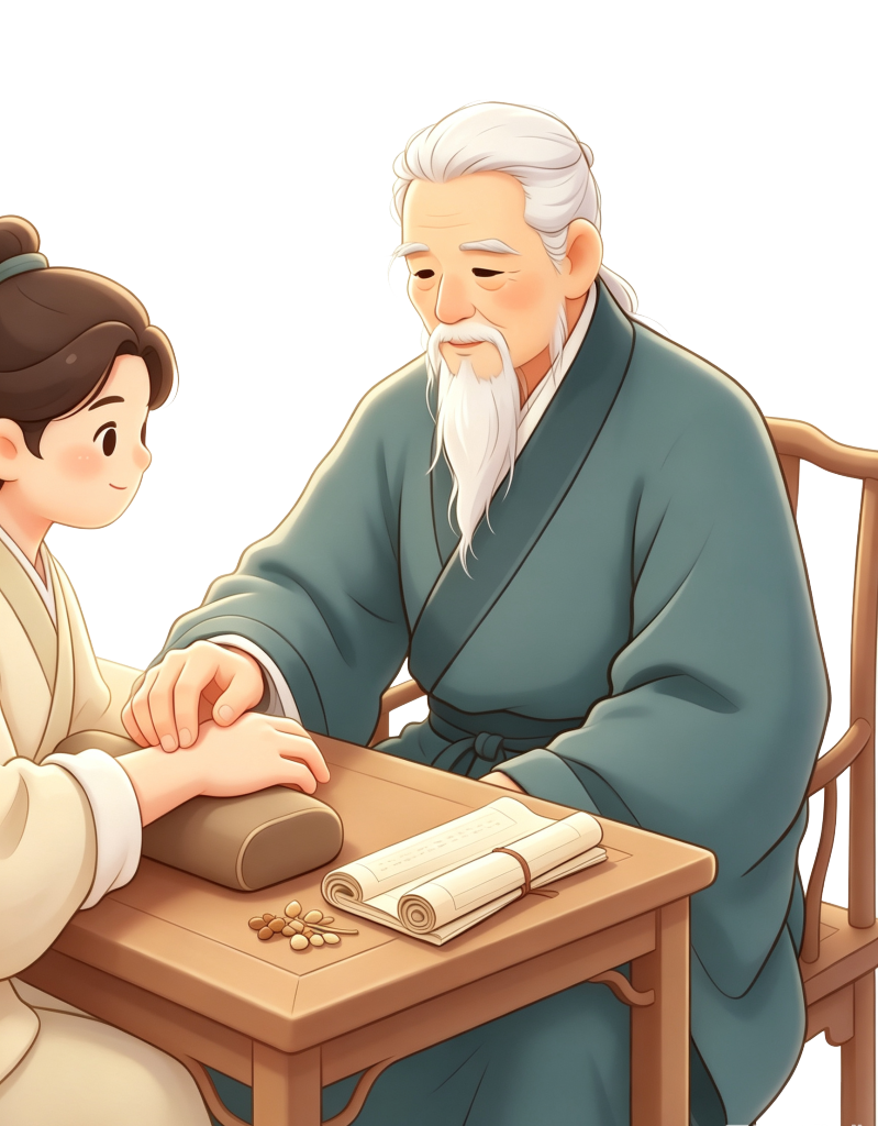 中医文化古风老中医把脉看病人物插画