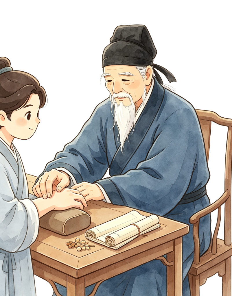 中医文化古风老中医把脉看病人物插画