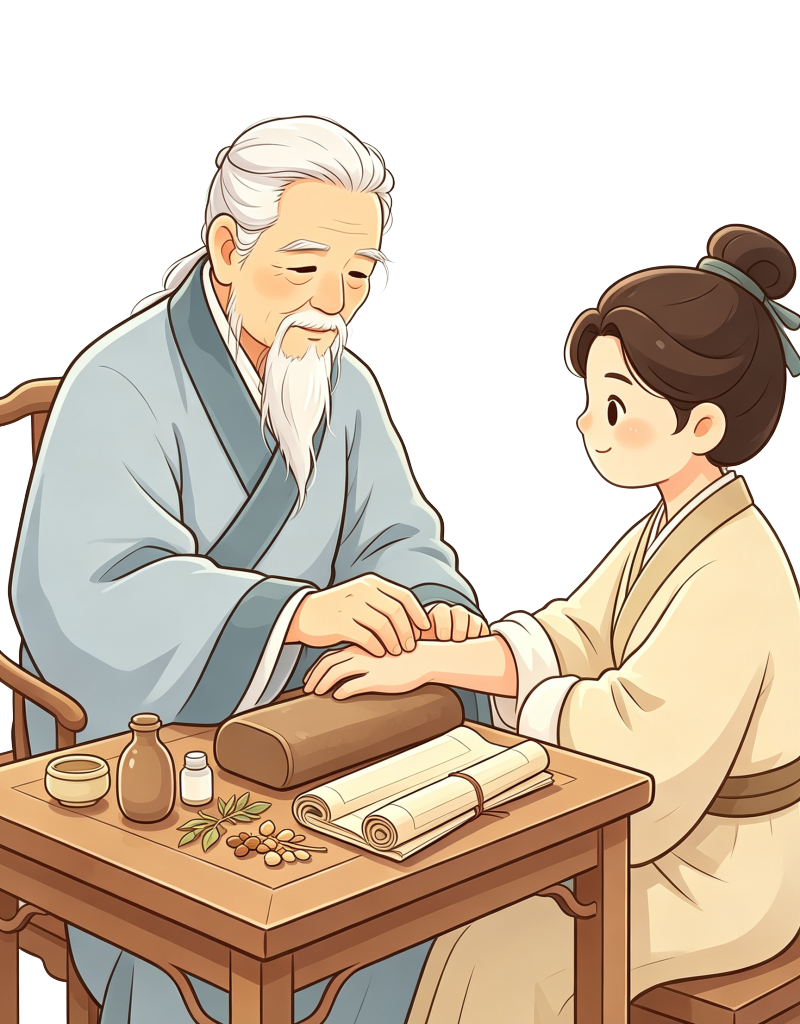 中医文化古风老中医把脉看病人物插画