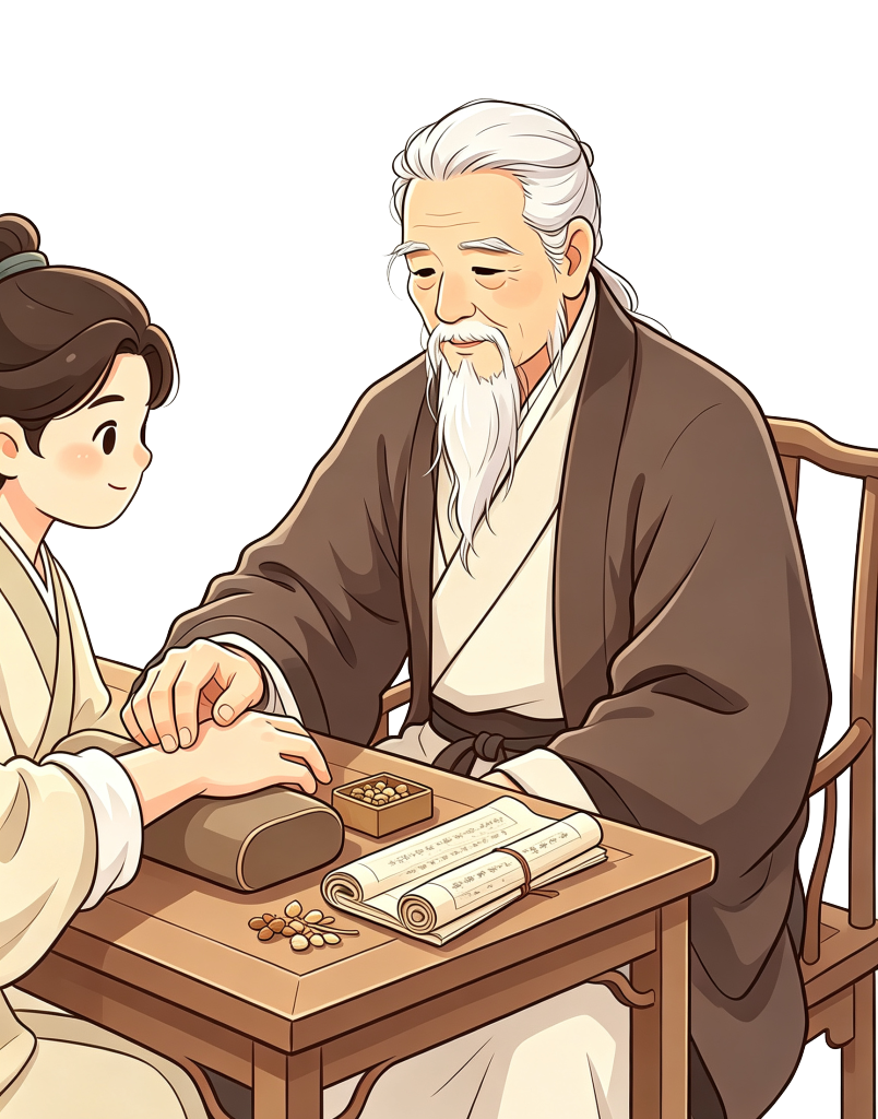 中医文化古风老中医把脉看病人物插画