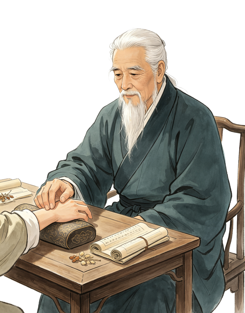 中医文化古风老中医把脉看病人物插画