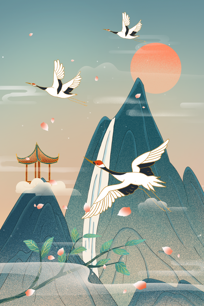 仙鹤国潮插画图片