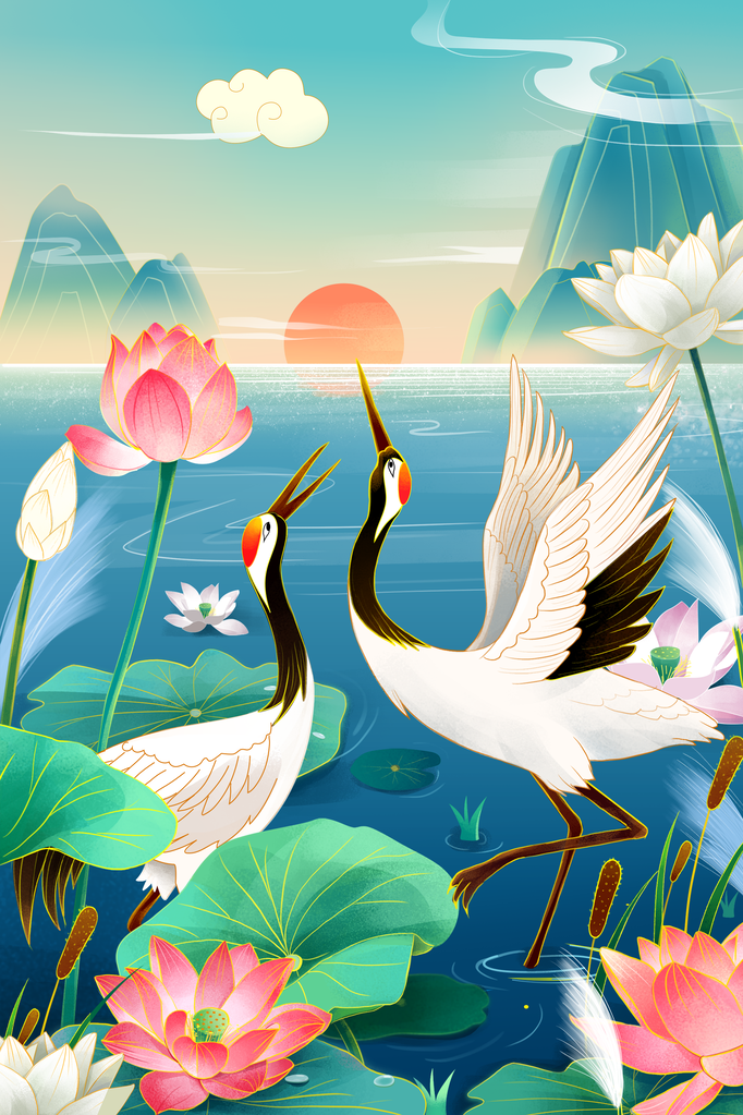 仙鹤国潮插画图片
