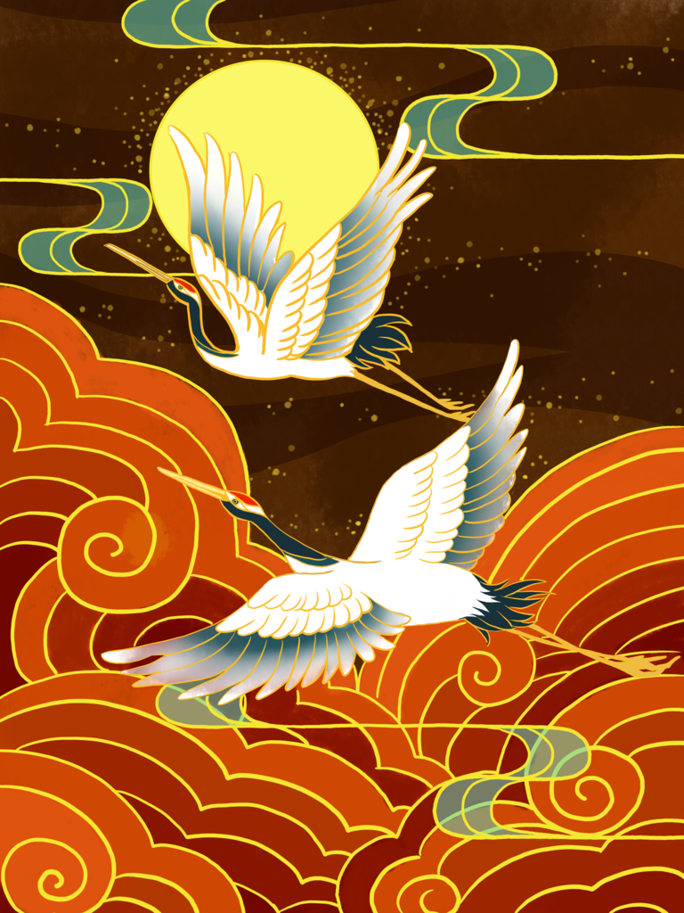 仙鹤国潮风插画素材