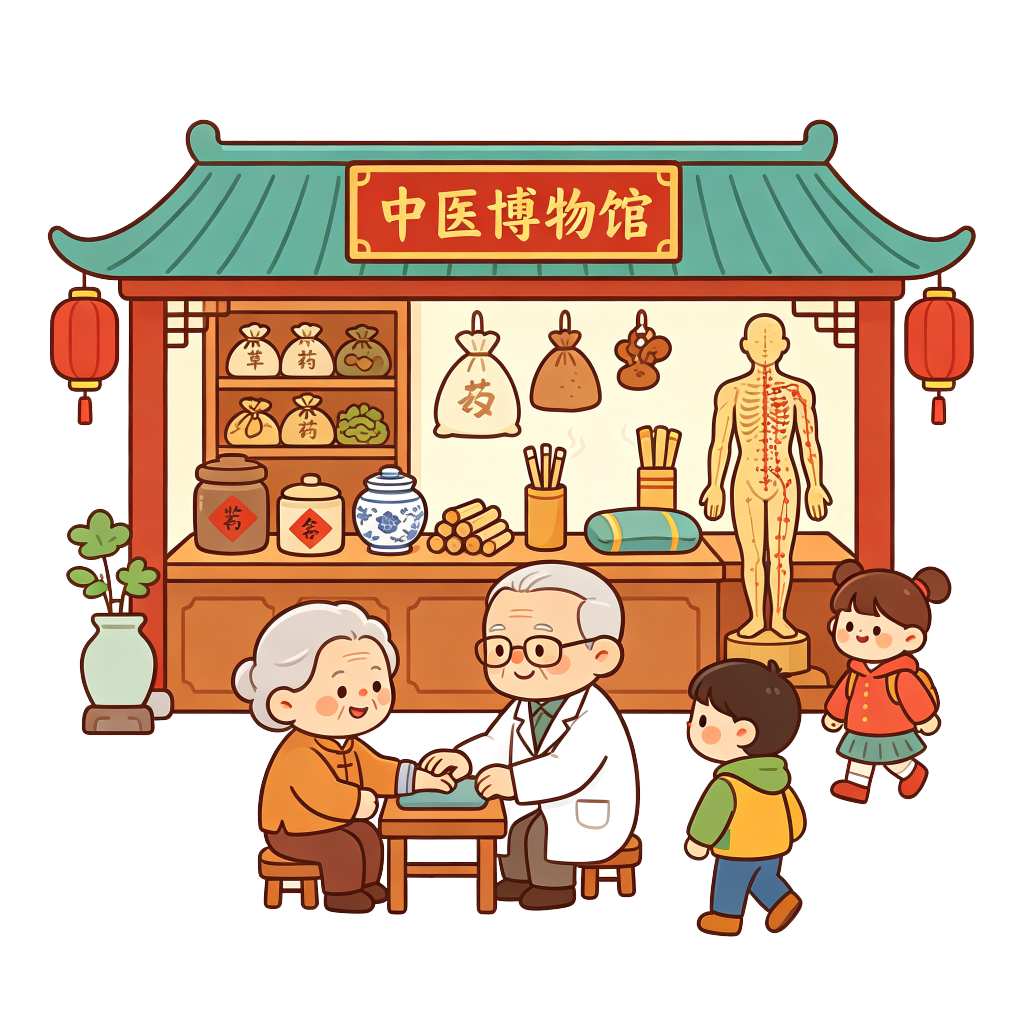 中医博物馆中式风格建筑外观插画
