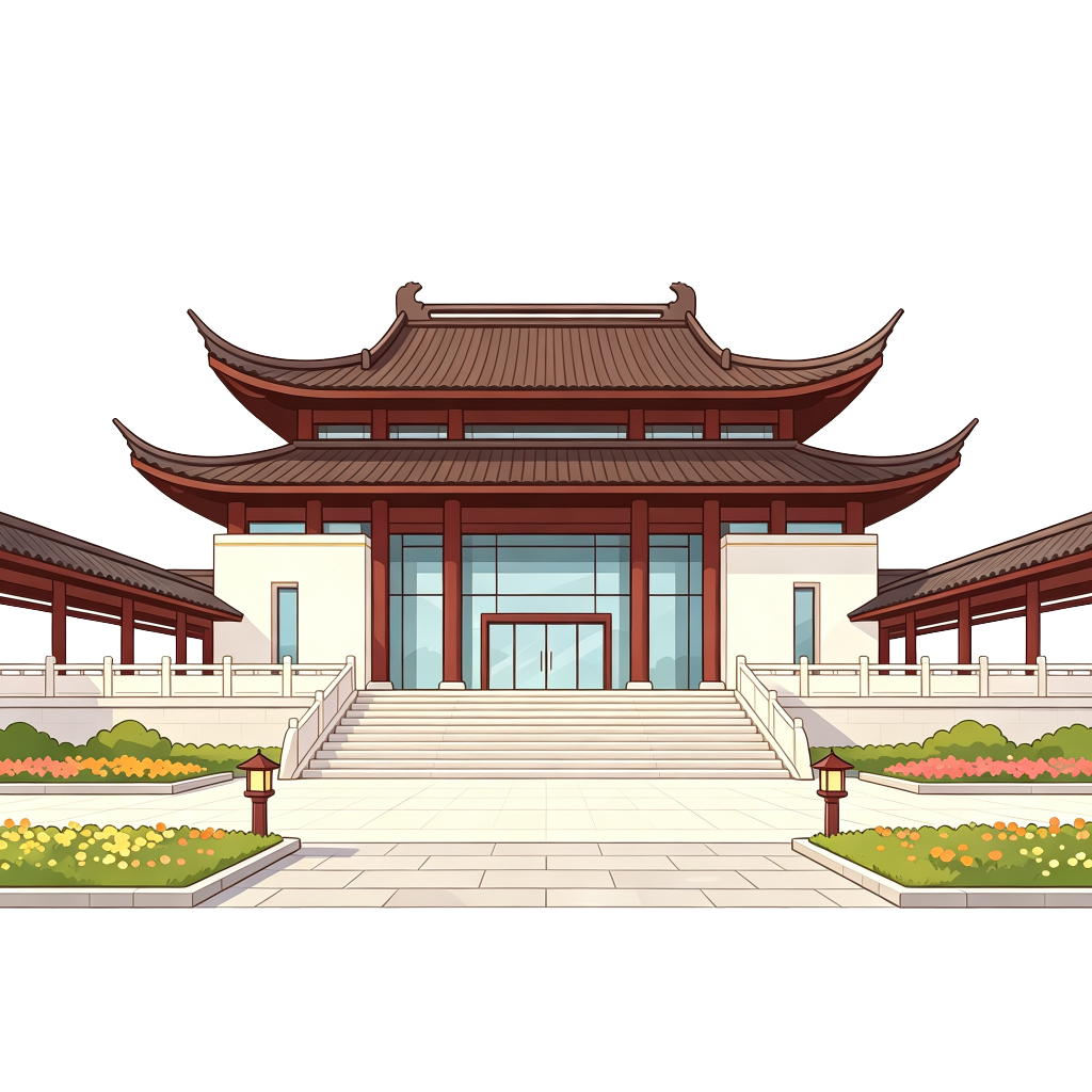 中式风格建筑外观插画