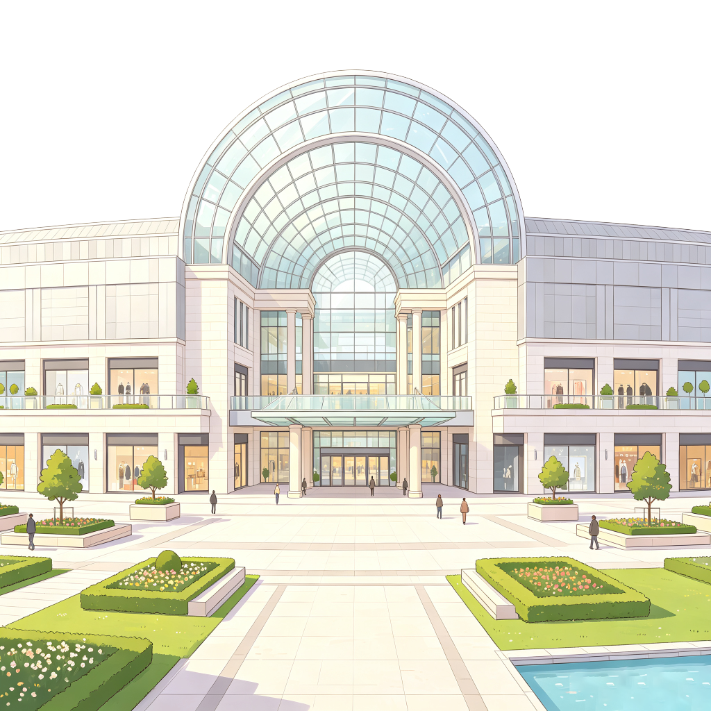 商场购物中心现代风格建筑外观插画