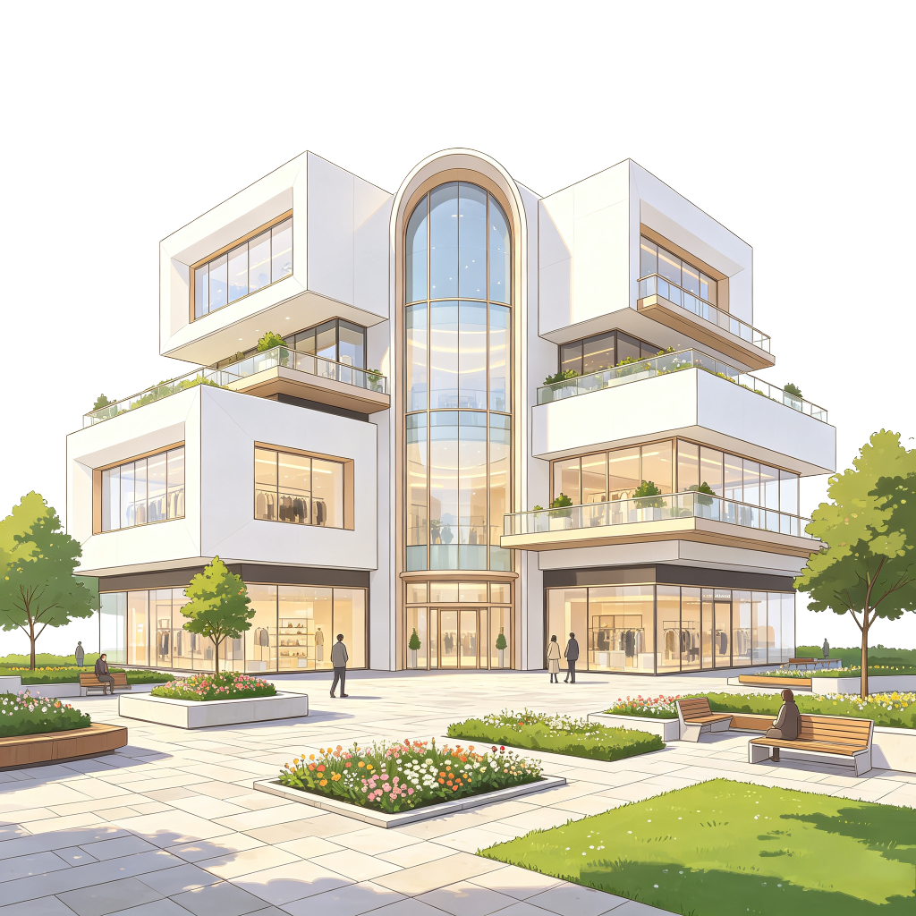 商场购物中心现代风格建筑外观插画