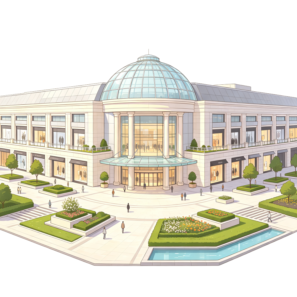 商场购物中心现代风格建筑外观插画